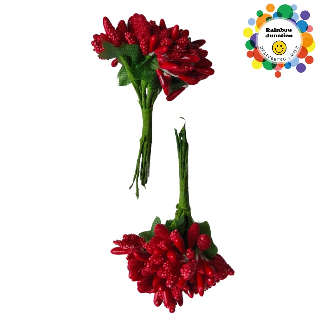 Rainbow Junction® Artificial Red Pollen Flower for DIY, Art and Craft, Jewellery Making, Hair Accessories, Home Decoration (Red,6 Bunch)
