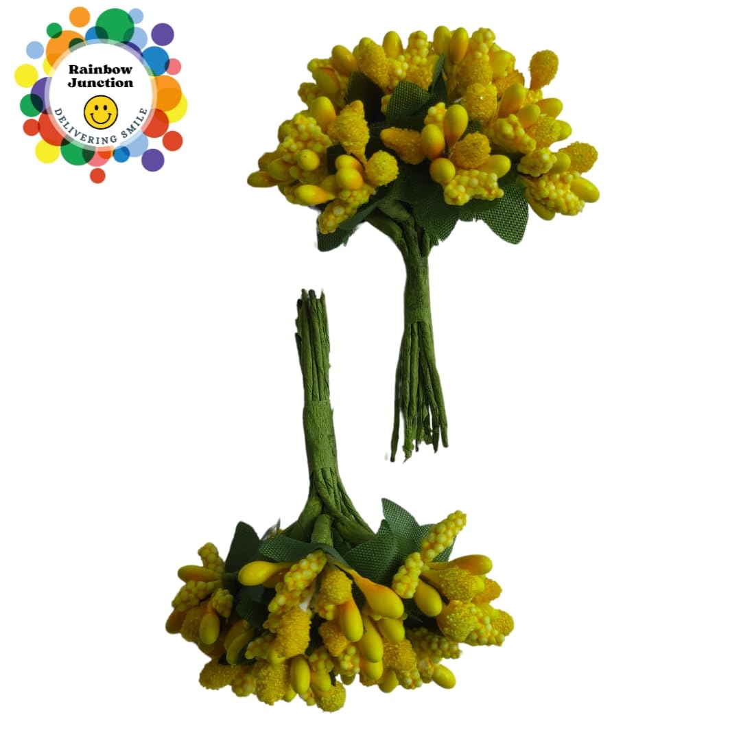 Rainbow Junction® Artificial Yellow Pollen Flower for DIY Craft, Jewellery Making, Hair Accessories, Home Decoration (Yellow,9 Bunch of 12 Pollen Each)