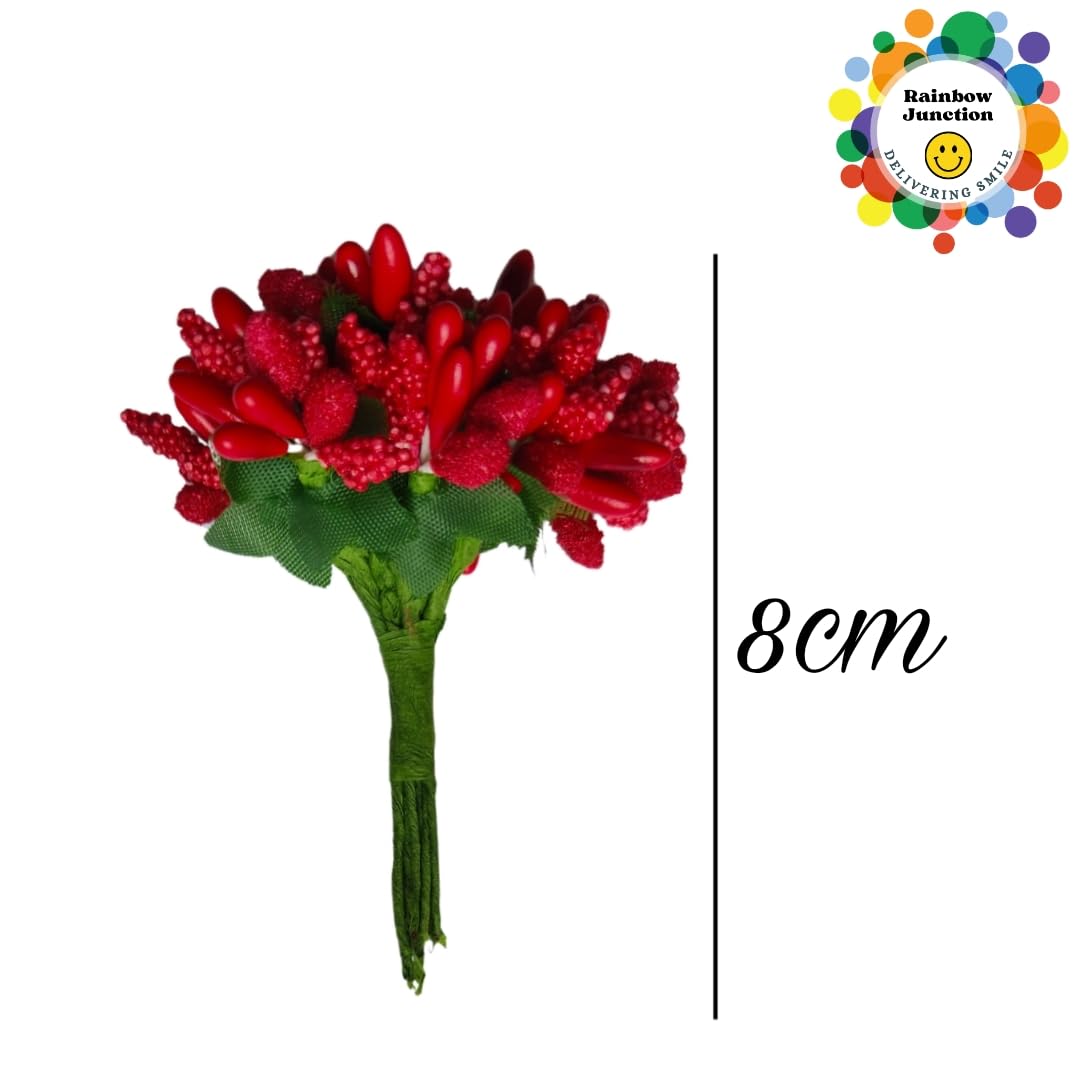 Rainbow Junction® Artificial Red Pollen Flower for DIY, Art and Craft, Jewellery Making, Hair Accessories, Home Decoration (Red,6 Bunch)