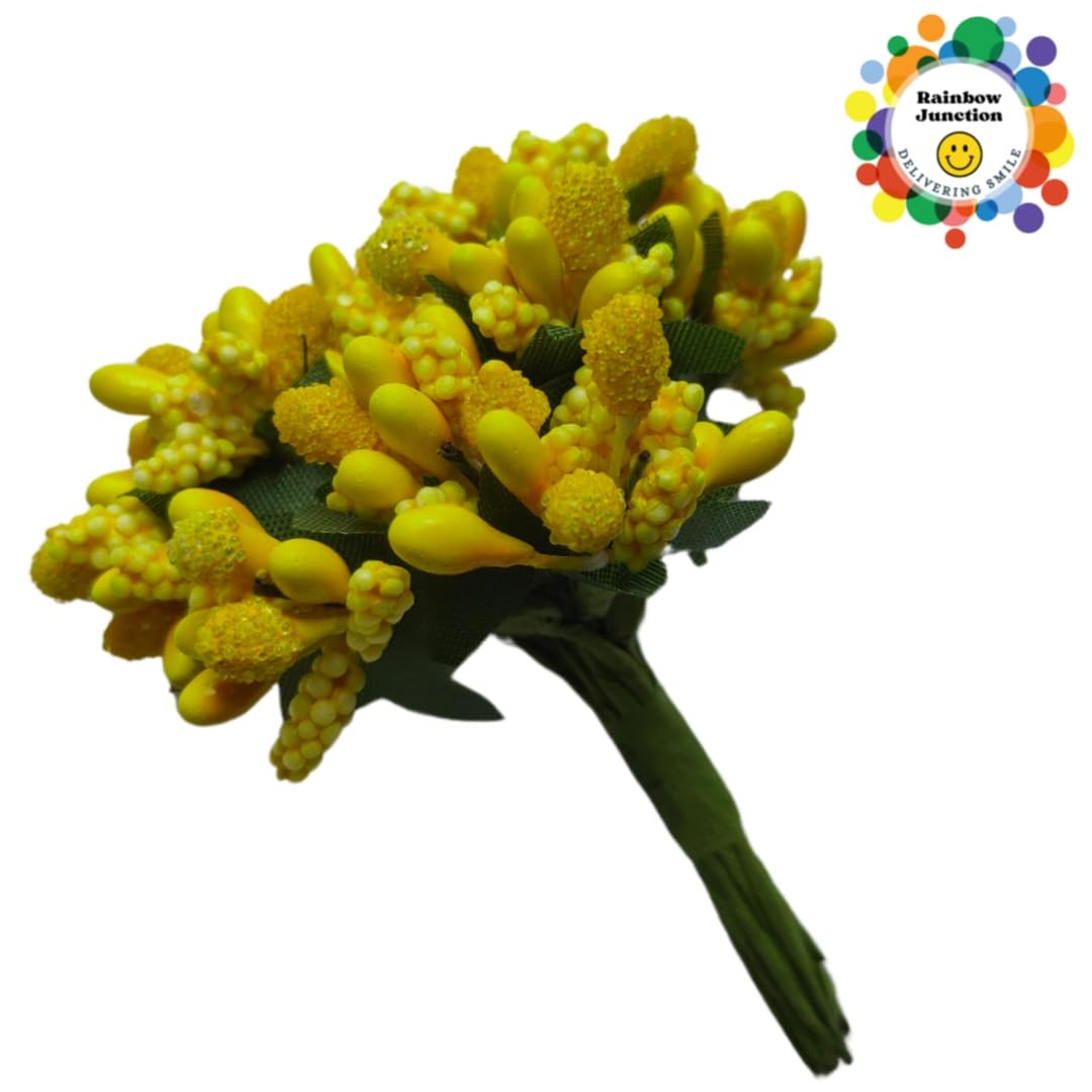 Rainbow Junction® Artificial Yellow Pollen Flower for DIY Craft, Jewellery Making, Hair Accessories, Home Decoration (Yellow,9 Bunch of 12 Pollen Each)