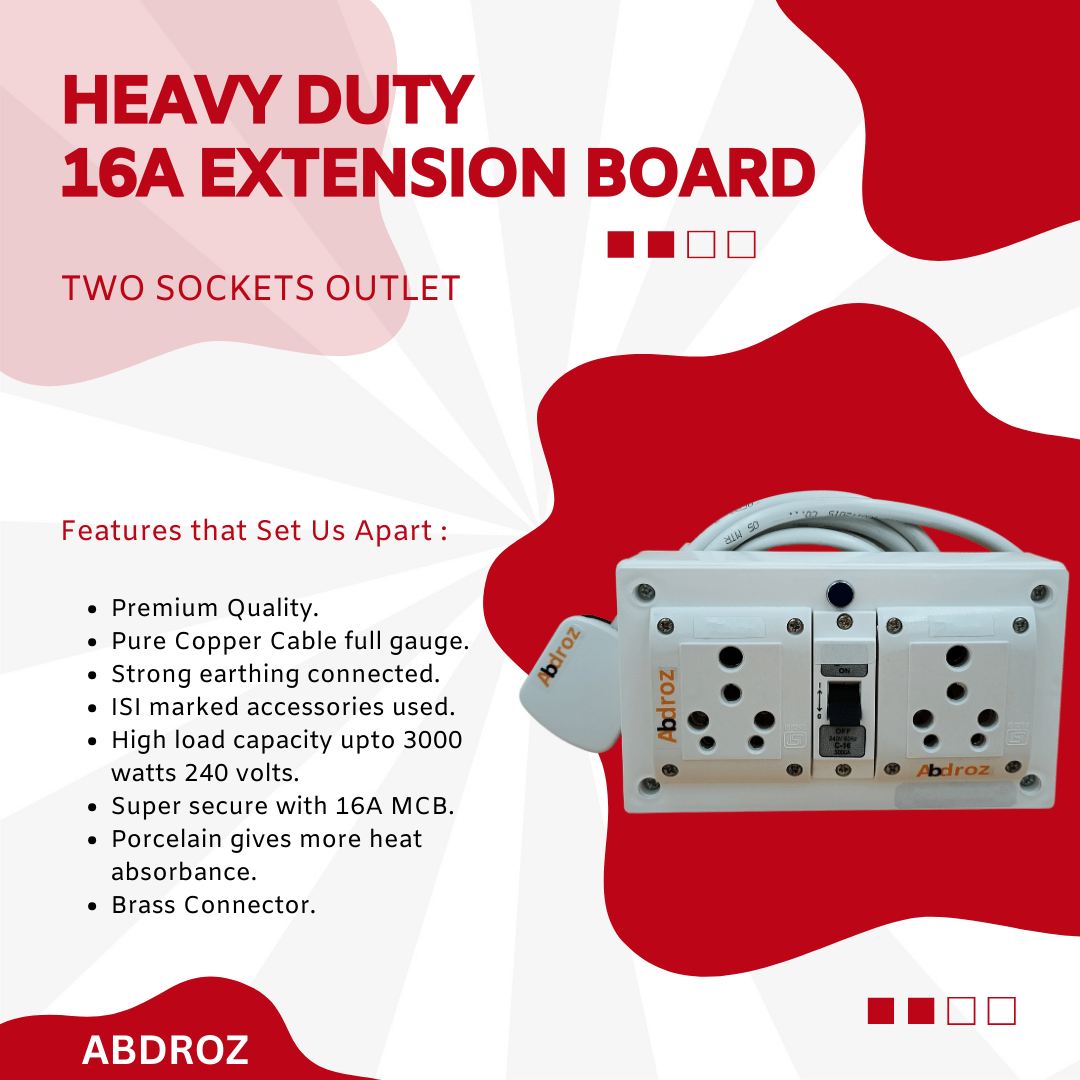 ABDROZ 15A 16A 20A Heavy Duty Extension Board 2 Socket (2800W) Surge Protector with Fuse Indicator Individual Switches Copper Wire Cable for Small & Large Appliances, 220 Volts.