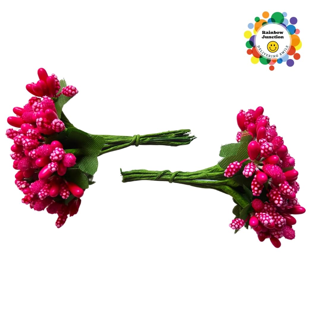 Rainbow Junction® Artificial Pink Pollen Flower for DIY Craft, Jewellery Making, Hair Accessories, Home Decoration (Pink,12 Bunch of 12 Pollen Each)