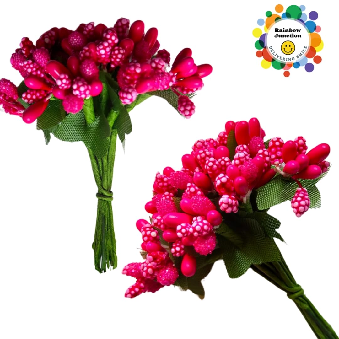 Rainbow Junction® Artificial Pink Pollen Flower for DIY Craft, Jewellery Making, Hair Accessories, Home Decoration (Pink,12 Bunch of 12 Pollen Each)
