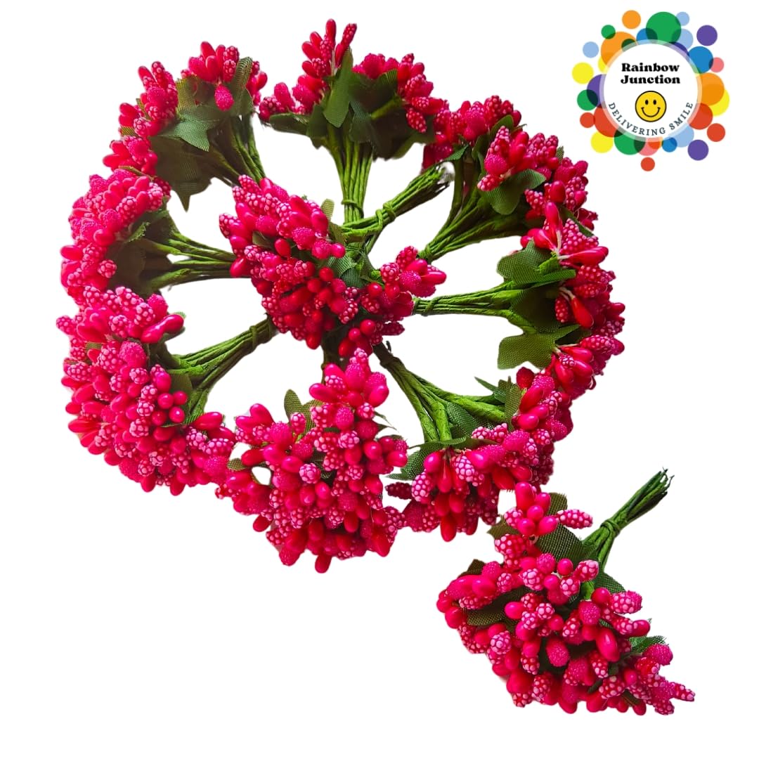 Rainbow Junction® Artificial Pink Pollen Flower for DIY Craft, Jewellery Making, Hair Accessories, Home Decoration (Pink,12 Bunch of 12 Pollen Each)