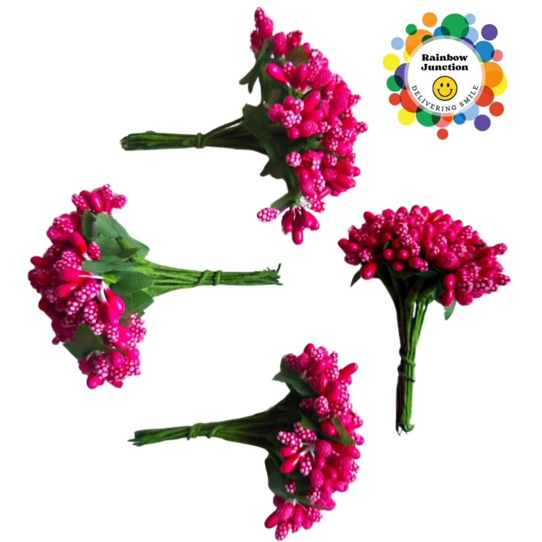 Rainbow Junction® Artificial Pink Pollen Flower for DIY Craft, Jewellery Making, Hair Accessories, Home Decoration (Pink,12 Bunch of 12 Pollen Each)
