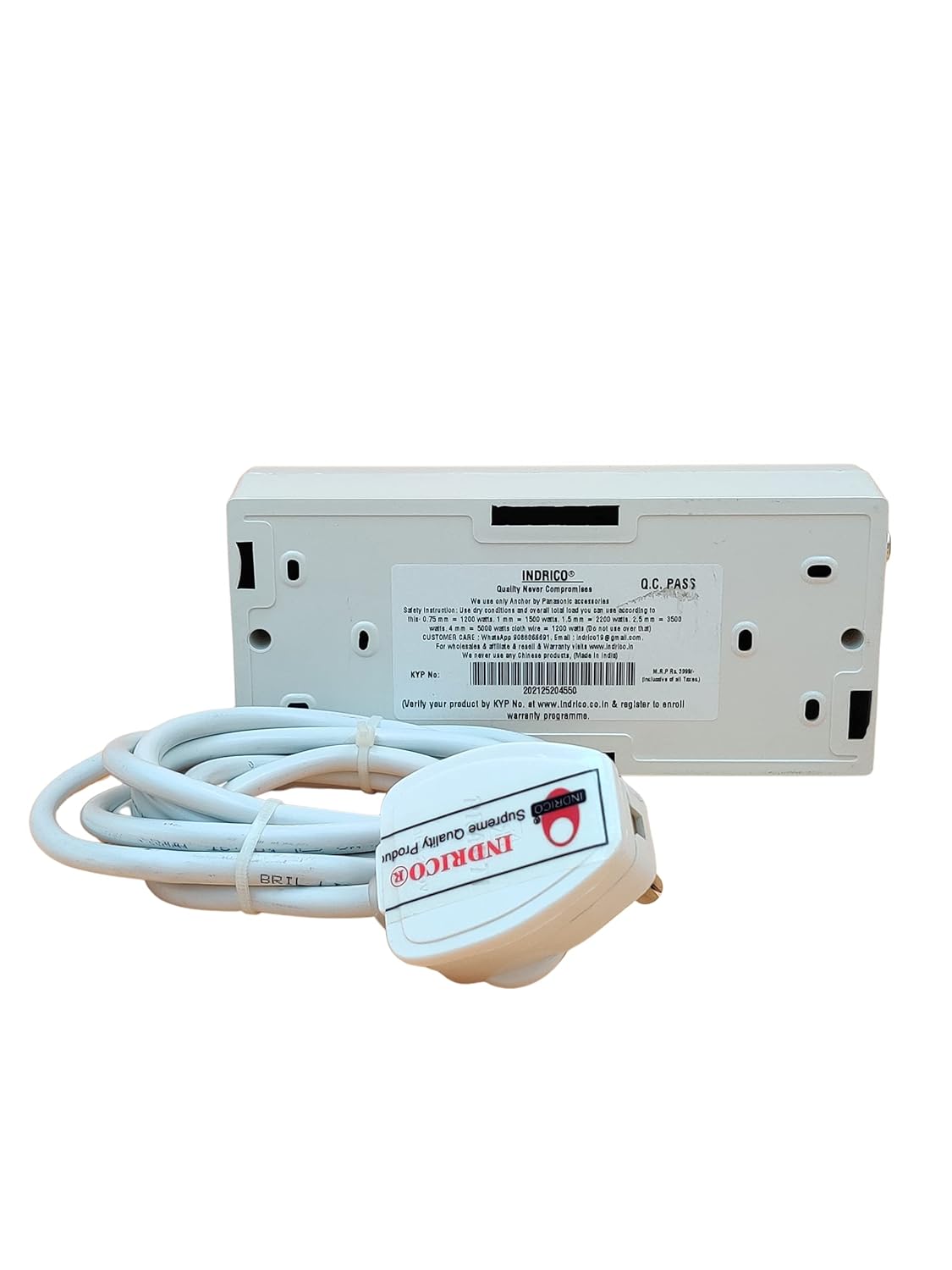INDRICO Electric Extension Switch Board - 16A/20A + 16A/20A with Individual Switches and Heavy Duty (Rating 2000W) PVC (White) (2 Meter cable)
