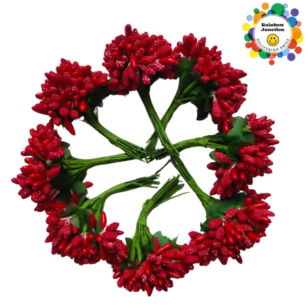Rainbow Junction® Artificial Red Pollen Flower for DIY, Art and Craft, Jewellery Making, Hair Accessories, Home Decoration (Red,6 Bunch)