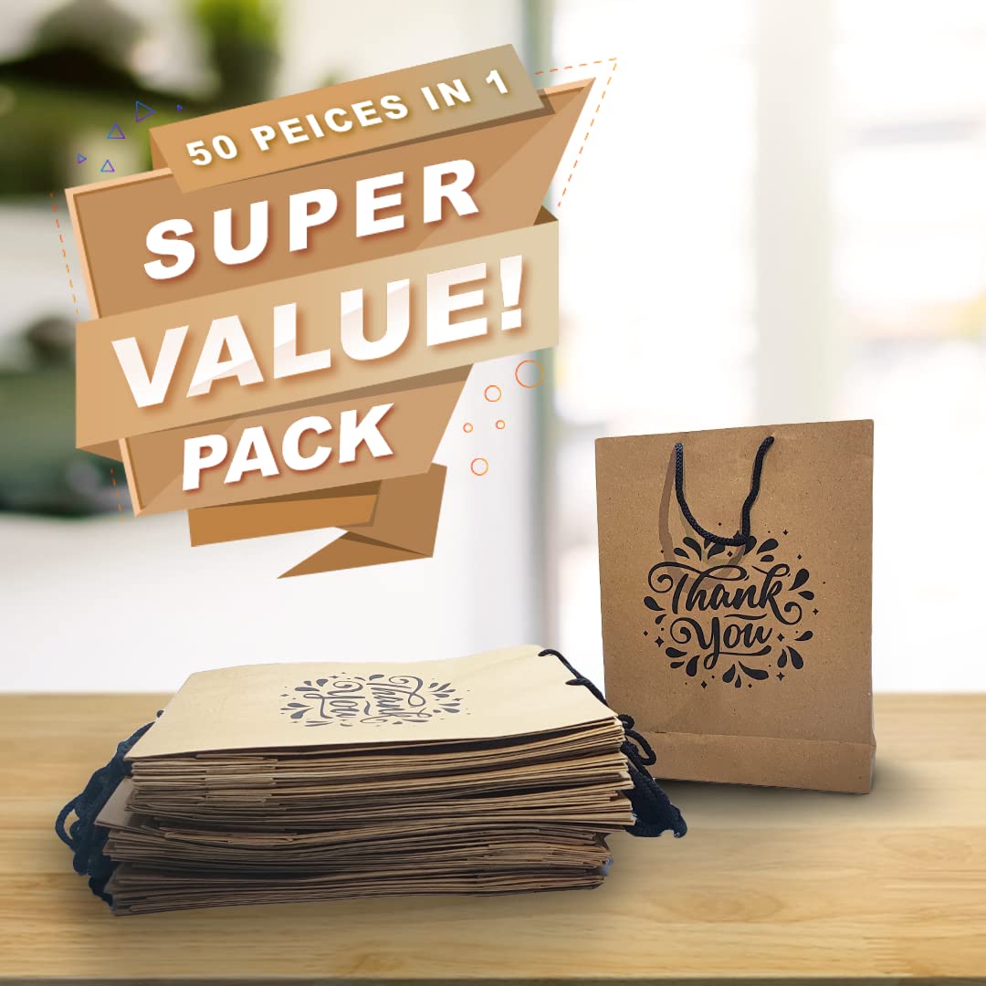 Suffix Retail ® (Pack of 50) Brown Paper Thank You Gift Bags with Braided Cotton Handles (12X8.7X3 inches)