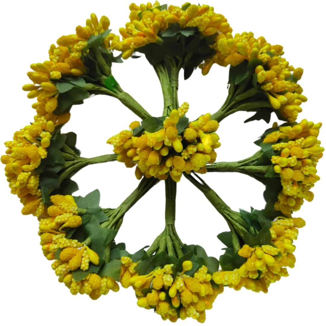 Rainbow Junction® Artificial Yellow Pollen Flower for DIY Craft, Jewellery Making, Hair Accessories, Home Decoration (Yellow,9 Bunch of 12 Pollen Each)