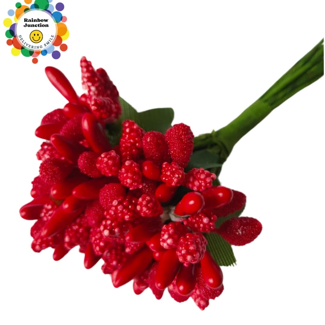 Rainbow Junction® Artificial Red Pollen Flower for DIY, Art and Craft, Jewellery Making, Hair Accessories, Home Decoration (Red,6 Bunch)