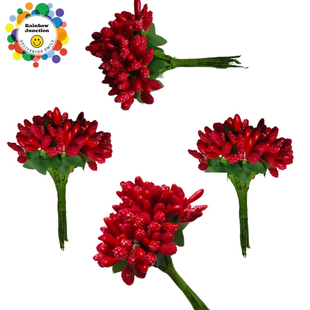 Rainbow Junction® Artificial Red Pollen Flower for DIY, Art and Craft, Jewellery Making, Hair Accessories, Home Decoration (Red,6 Bunch)
