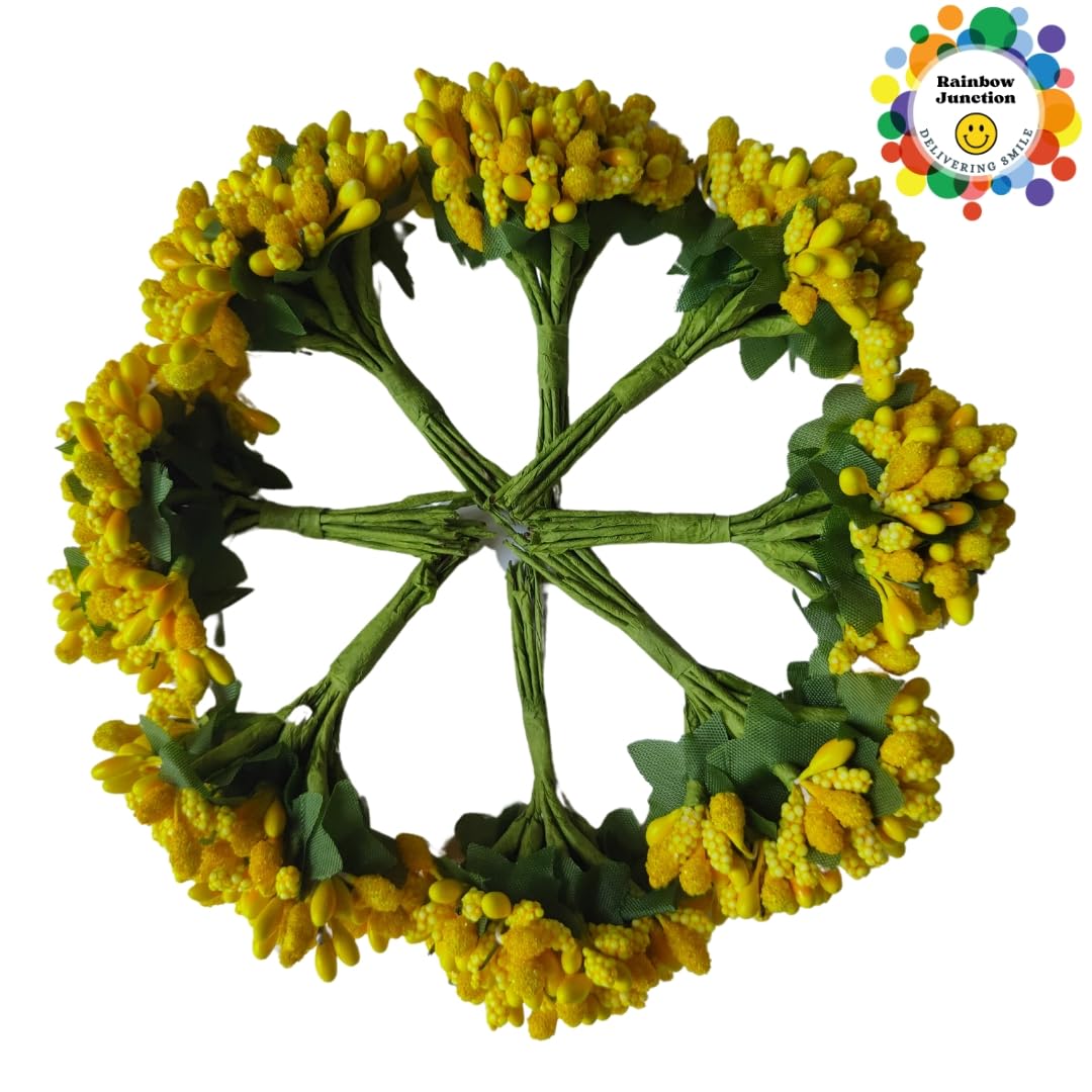 Rainbow Junction® Artificial Yellow Pollen Flower for DIY Craft, Jewellery Making, Hair Accessories, Home Decoration (Yellow,9 Bunch of 12 Pollen Each)