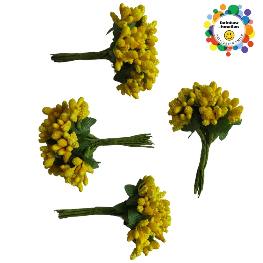 Rainbow Junction® Artificial Yellow Pollen Flower for DIY Craft, Jewellery Making, Hair Accessories, Home Decoration (Yellow,9 Bunch of 12 Pollen Each)