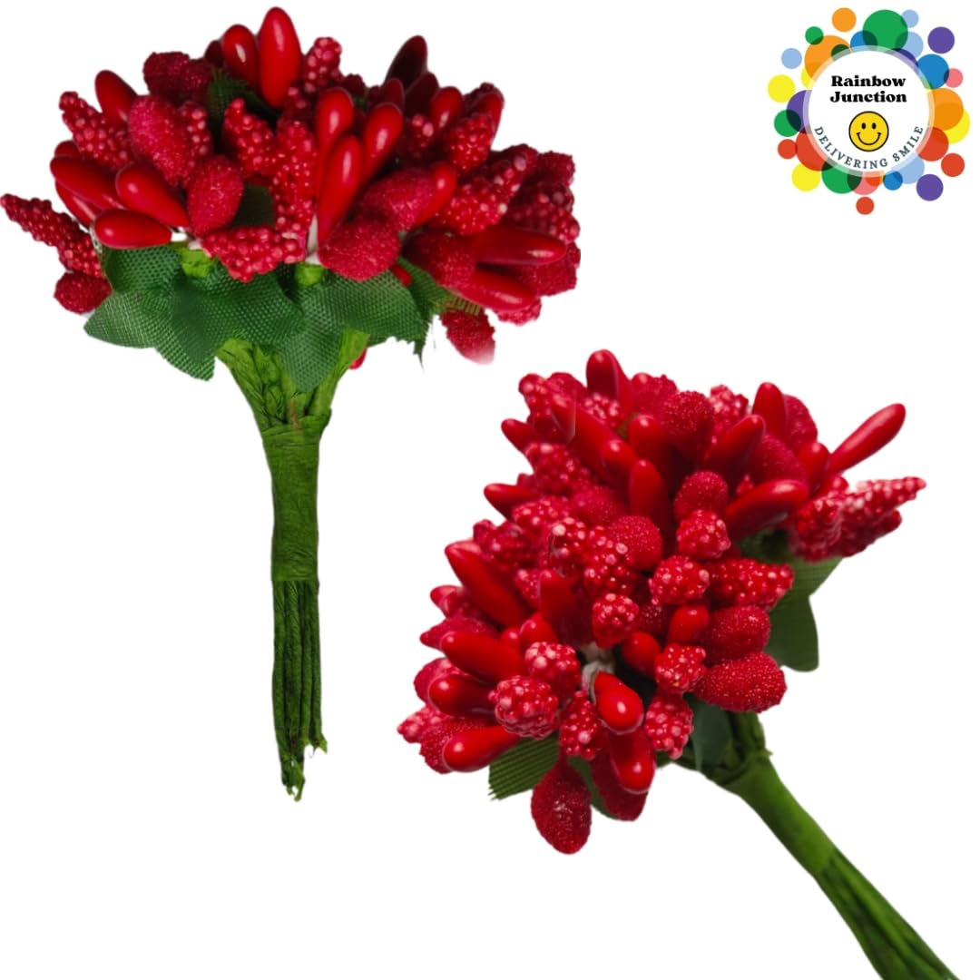 Rainbow Junction® Artificial Red Pollen Flower for DIY, Art and Craft, Jewellery Making, Hair Accessories, Home Decoration (Red,6 Bunch)