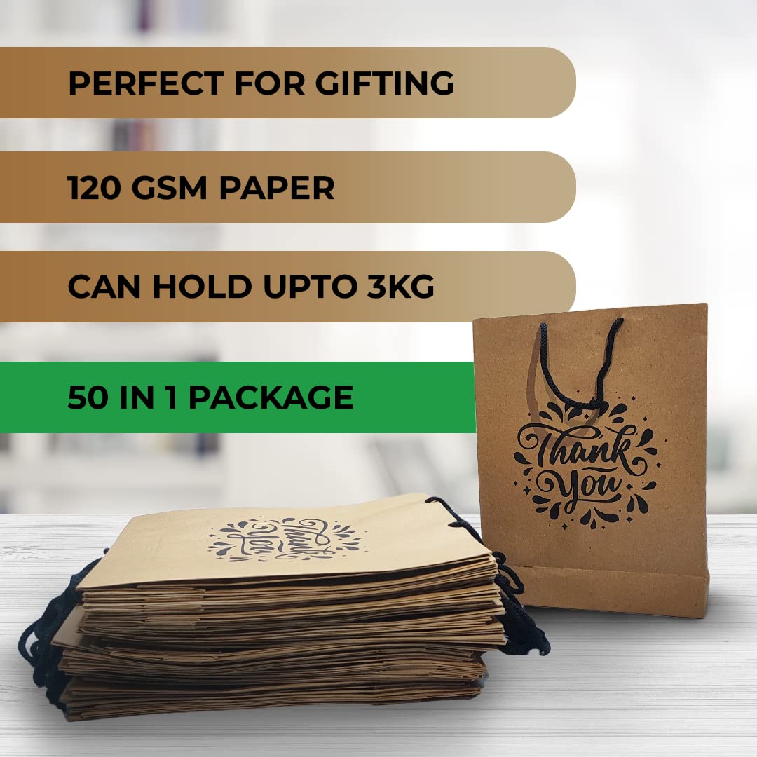 Suffix Retail ® (Pack of 50) Brown Paper Thank You Gift Bags with Braided Cotton Handles (12X8.7X3 inches)