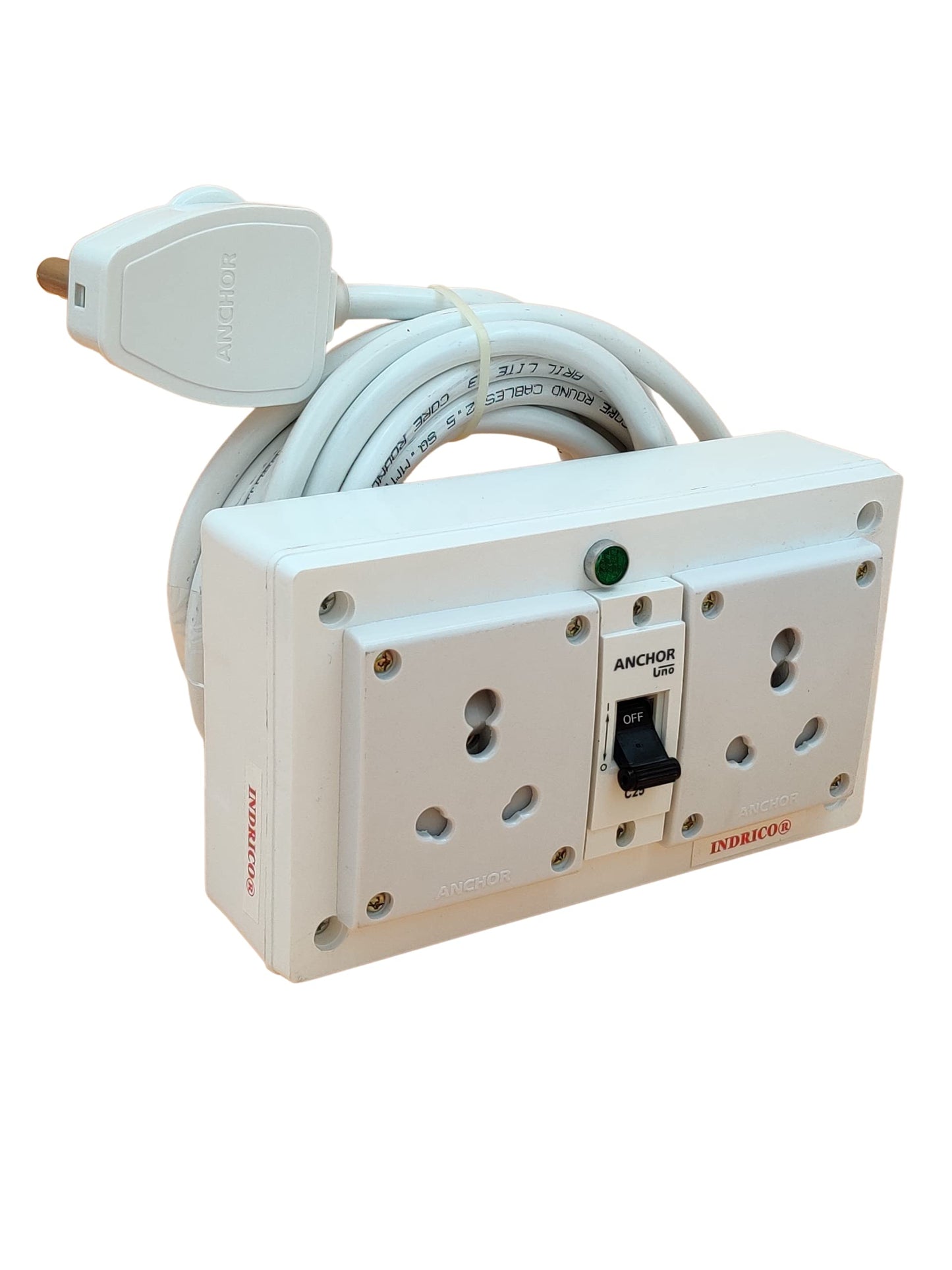 INDRICO 16A Electric Multi Outlet Extension Board Box With Mcb For Heavy Duty Pvc White Pack Of 1 (2.5 Mm 3000 Watts, 5 Meter Cable), 240 Volts