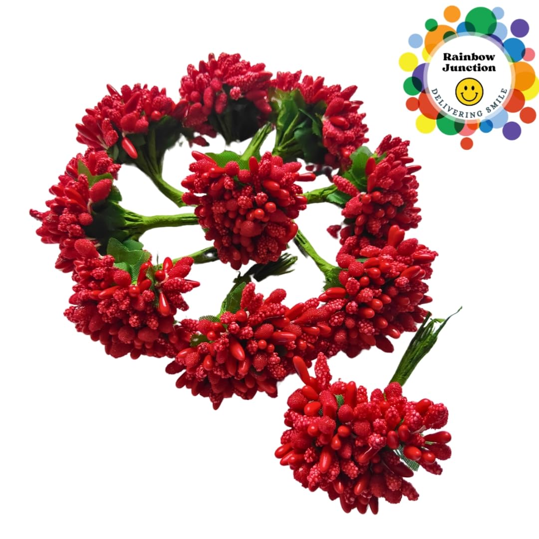 Rainbow Junction® Artificial Red Pollen Flower for DIY, Art and Craft, Jewellery Making, Hair Accessories, Home Decoration (Red,6 Bunch)