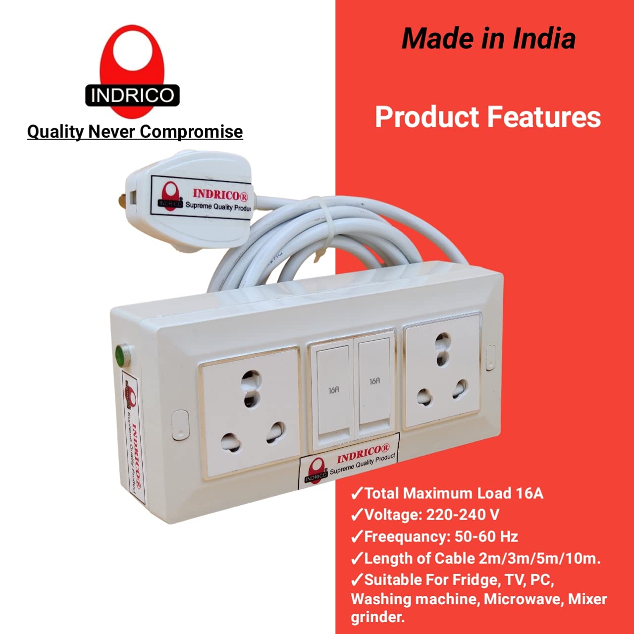 INDRICO Electric Extension Switch Board - 16A/20A + 16A/20A with Individual Switches and Heavy Duty (Rating 2000W) PVC (White) (2 Meter cable)