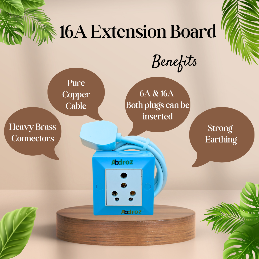 ABDROZ Extension Board Heavy Duty 1 Socket 15A 16A 20A High Load Capacity 3000 Watts with 16A Big Plug PVC Sky Blue ((Max Load Capacity 2800 Watts) 3 MTR Size)