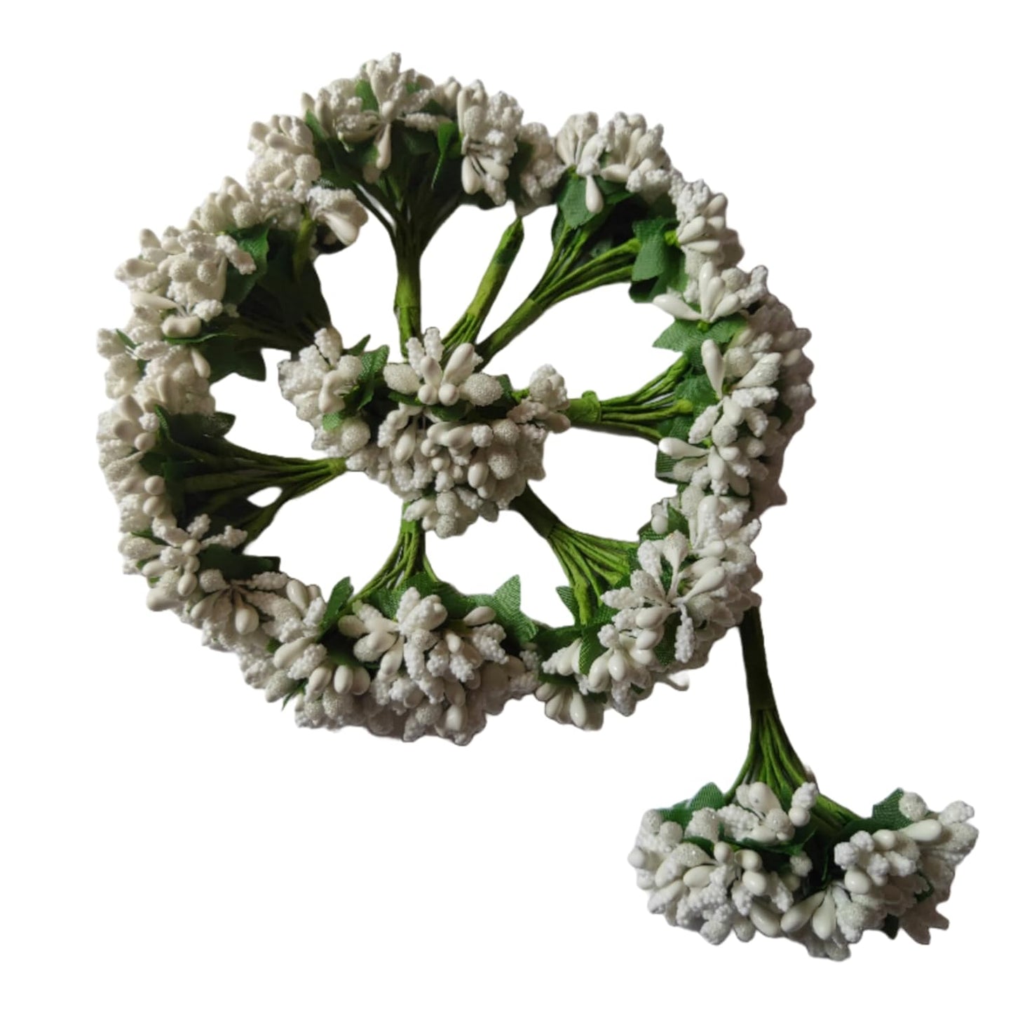 Rainbow Junction® Artificial White Pollen Flower for DIY Craft, Jewellery Making, Hair Accessories, Home Decoration (White,12 Bunch of 12 Pollen Each)