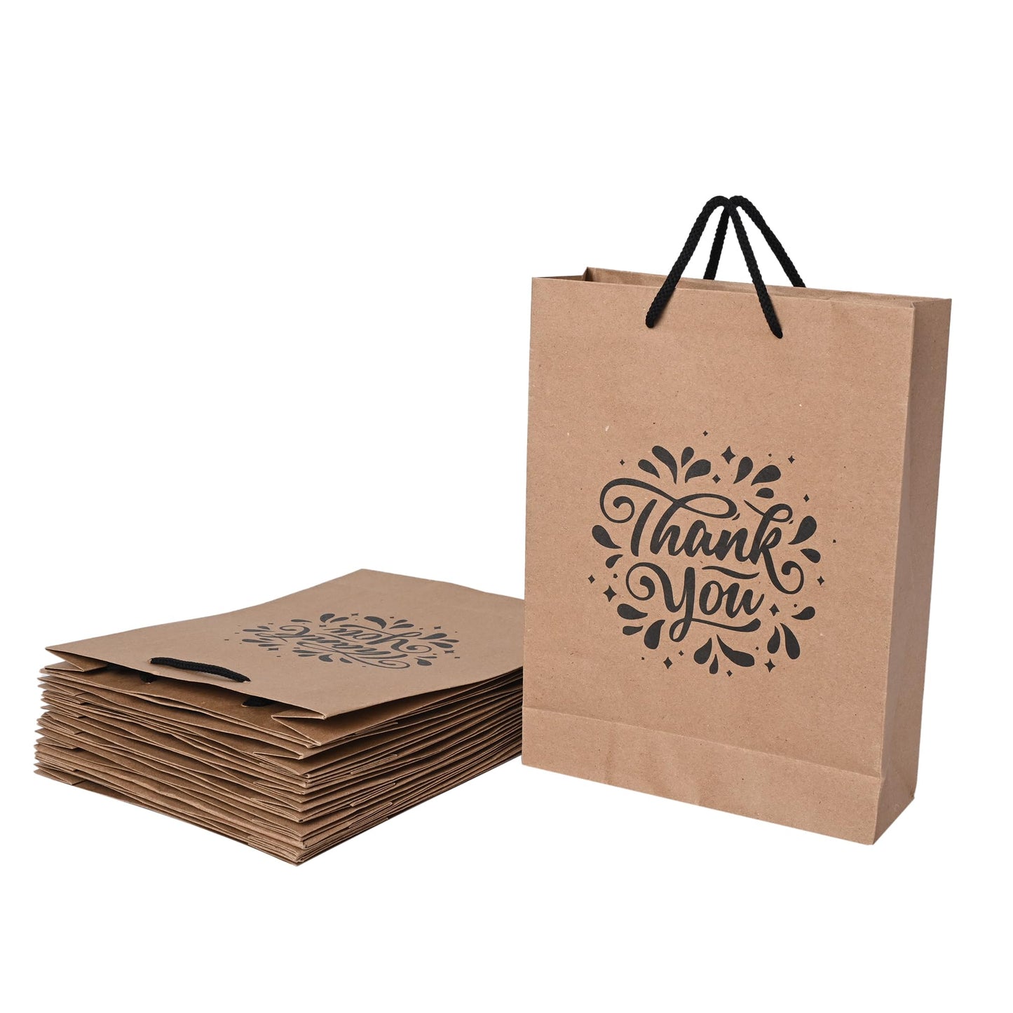 Suffix Retail ® (Pack of 50) Brown Paper Thank You Gift Bags with Braided Cotton Handles (12X8.7X3 inches)