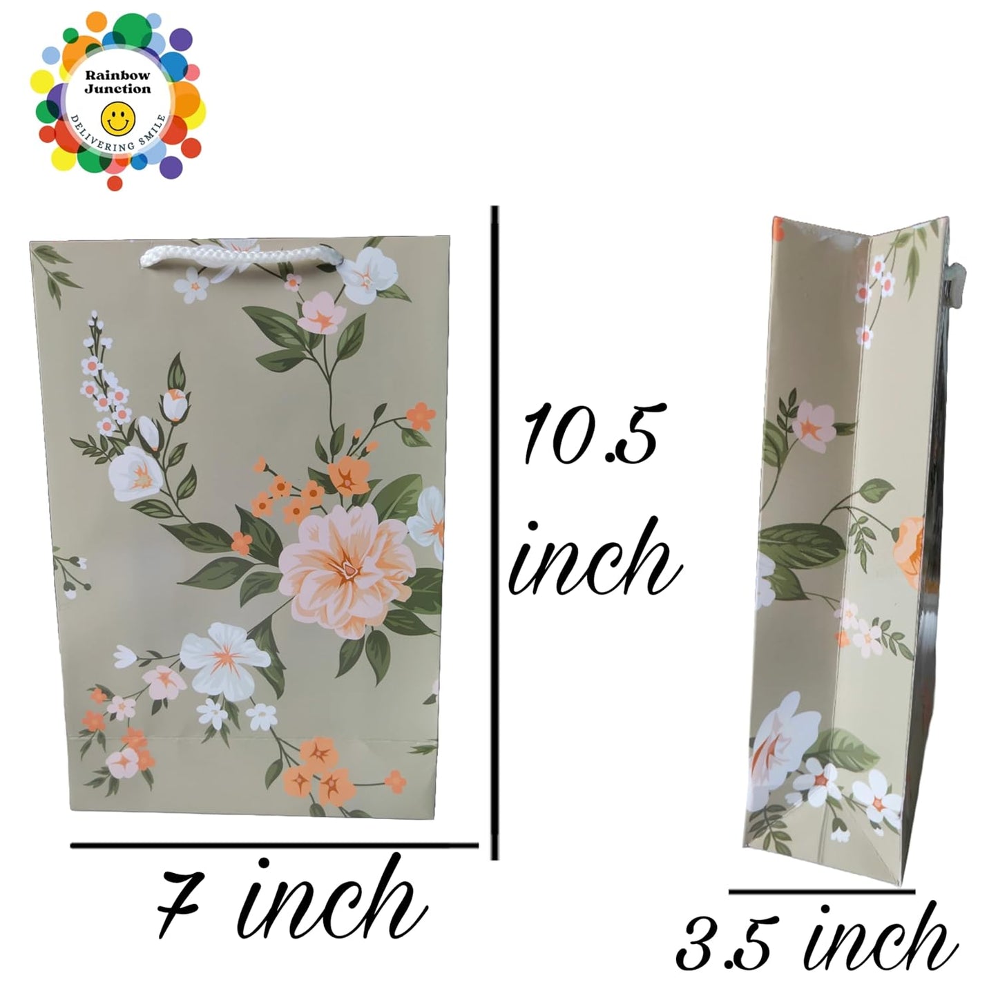 RAINBOW JUNCTION® 10pcs Paper Bags–Return Gift Bags with Handles For Weddings,Anniversarie, Birthday,Diwali,Navratri,Holiday Presents,Events,Baby Shower,Valentine’s Day (Floral Theme, 26.5x17.5x7.5cm)