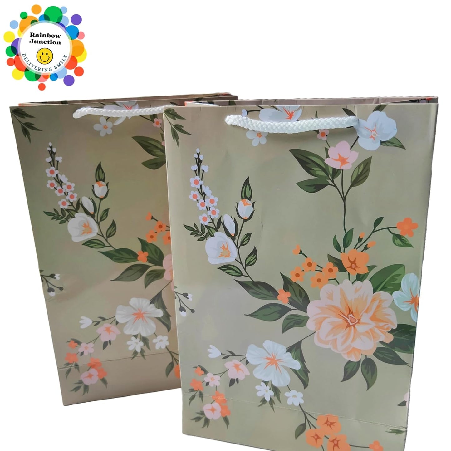 RAINBOW JUNCTION® 10pcs Paper Bags–Return Gift Bags with Handles For Weddings,Anniversarie, Birthday,Diwali,Navratri,Holiday Presents,Events,Baby Shower,Valentine’s Day (Floral Theme, 26.5x17.5x7.5cm)