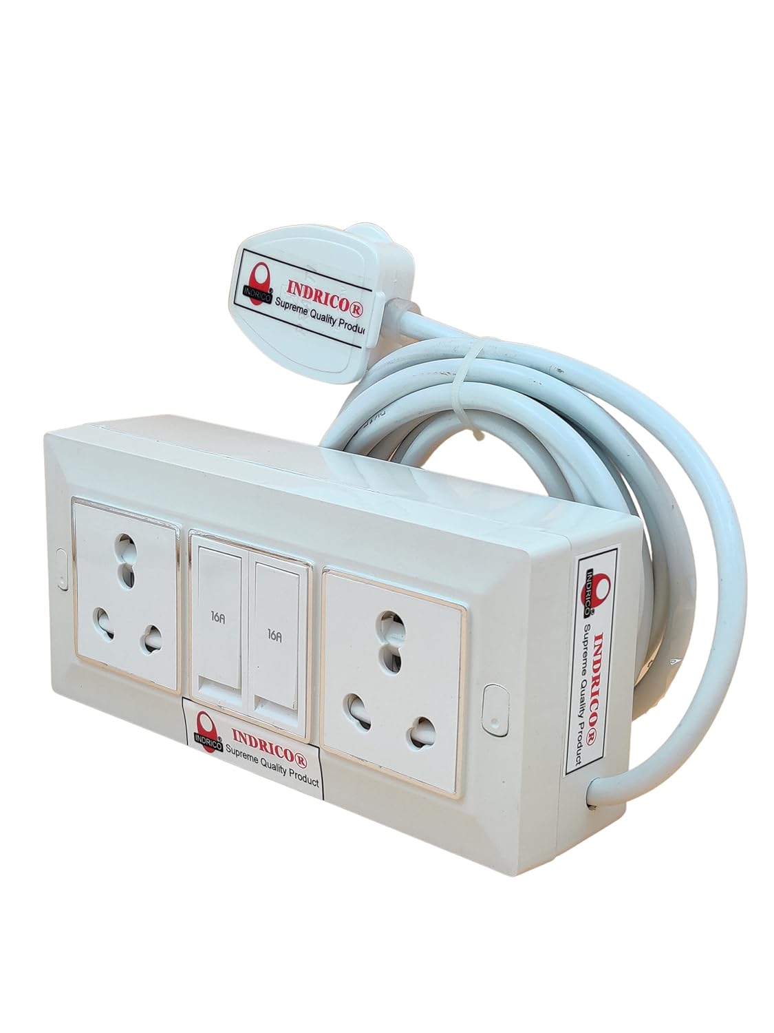 INDRICO Electric Extension Switch Board - 16A/20A + 16A/20A with Individual Switches and Heavy Duty (Rating 2000W) PVC (White) (2 Meter cable)