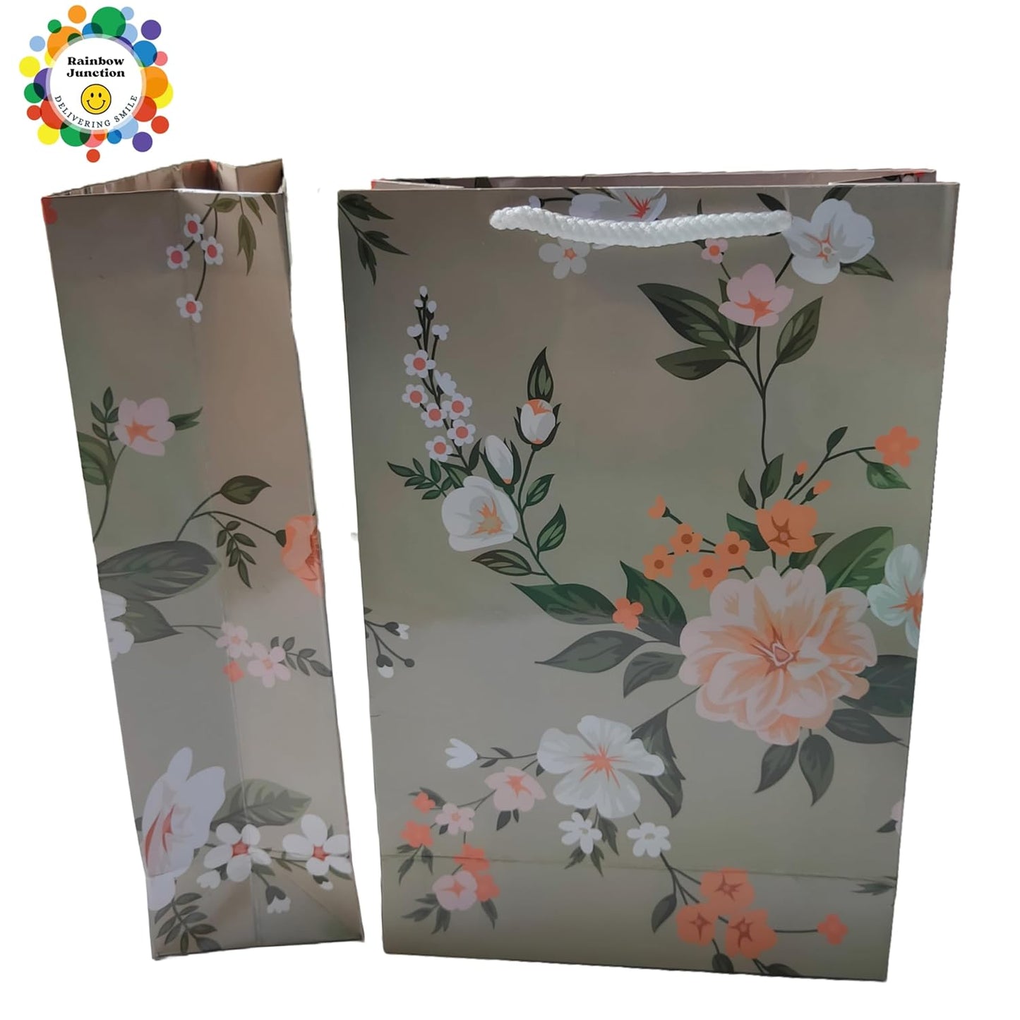 RAINBOW JUNCTION® 10pcs Paper Bags–Return Gift Bags with Handles For Weddings,Anniversarie, Birthday,Diwali,Navratri,Holiday Presents,Events,Baby Shower,Valentine’s Day (Floral Theme, 26.5x17.5x7.5cm)