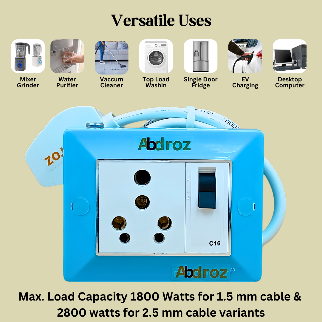 ABDROZ 16A Electric Extension Board with MCB Heavy Duty Copper Cable Wire (Sky Blue), 240 Volts (2.5 MM 3 MTR (Max Load Capacity 2800 Watts))