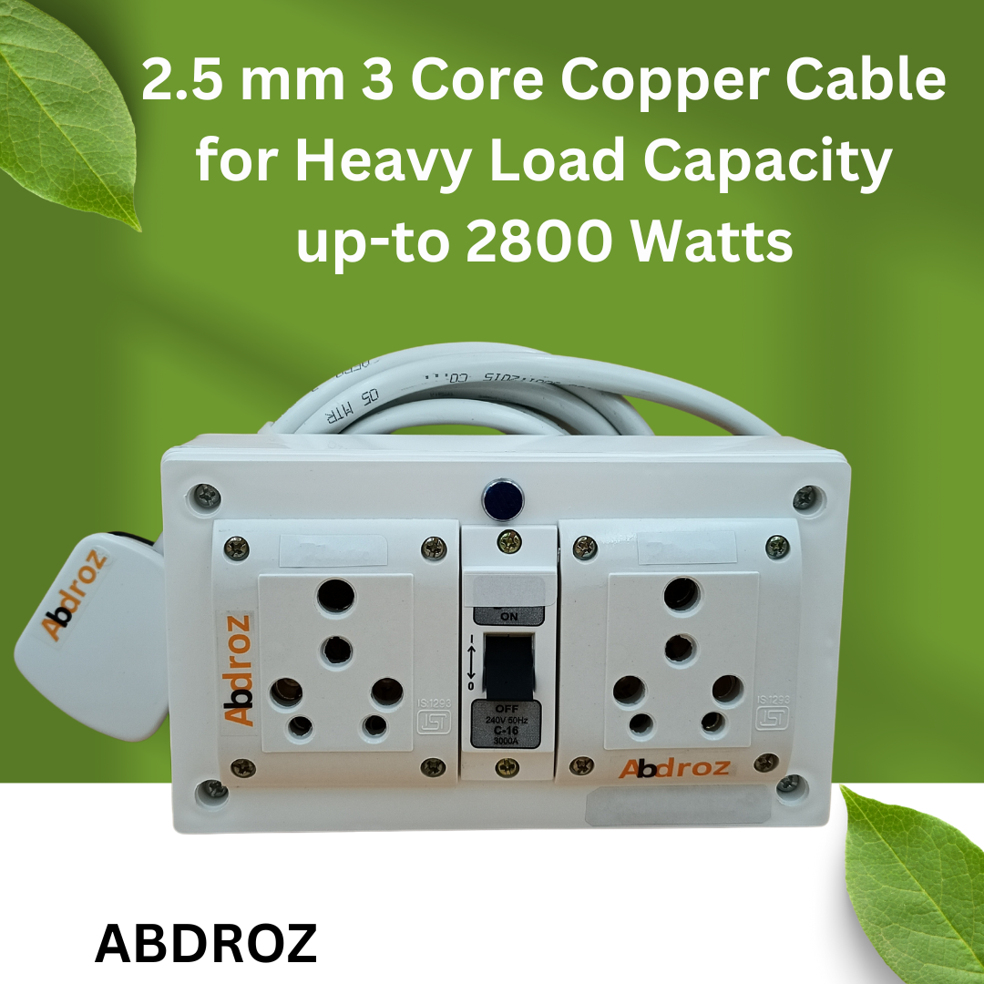 ABDROZ 15A 16A 20A Heavy Duty Extension Board 2 Socket (2800W) Surge Protector with Fuse Indicator Individual Switches Copper Wire Cable for Small & Large Appliances, 220 Volts.