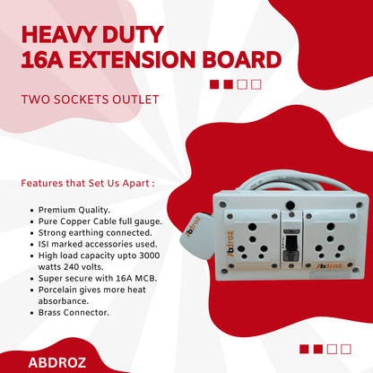 ABDROZ 15A 16A 20A Heavy Duty Extension Board 2 Socket (2800W) Surge Protector with Fuse Indicator Individual Switches Copper Wire Cable for Small & Large Appliances, 220 Volts.