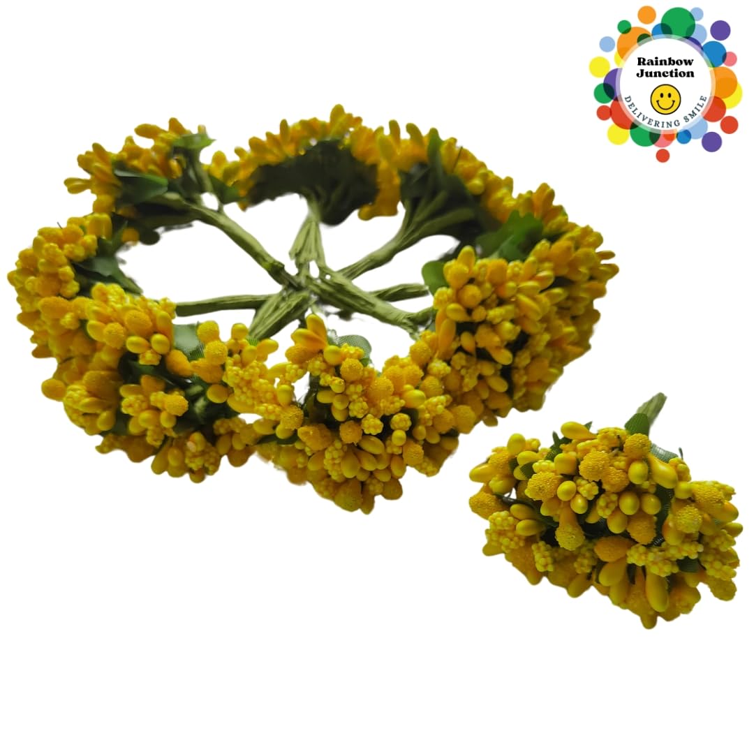 Rainbow Junction® Artificial Yellow Pollen Flower for DIY Craft, Jewellery Making, Hair Accessories, Home Decoration (Yellow,9 Bunch of 12 Pollen Each)