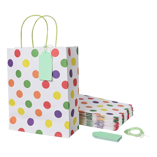 ABDROZ® Polka Dots Paper Bags For Return Gifts With Gift Tags & Threads/Gift Bags For Corporate Events (12X8.7X3 Inches) | Party Favor Bags -(Pack Of 20)