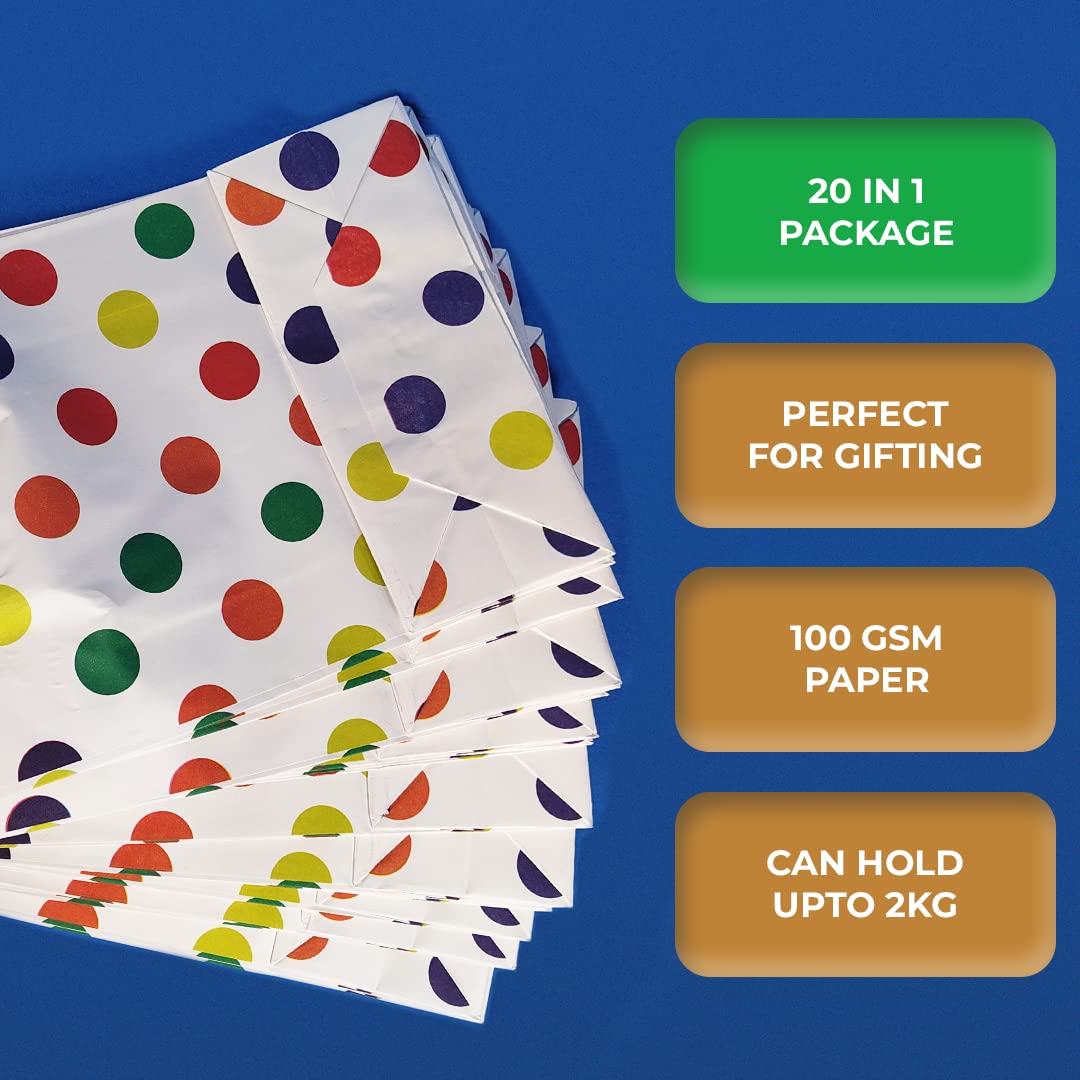 ABDROZ® Polka Dots Paper Bags For Return Gifts With Gift Tags & Threads/Gift Bags For Corporate Events (12X8.7X3 Inches) | Party Favor Bags -(Pack Of 20)