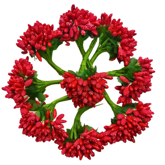 Rainbow Junction® Artificial Red Pollen Flower for DIY, Art and Craft, Jewellery Making, Hair Accessories, Home Decoration (Red,6 Bunch)