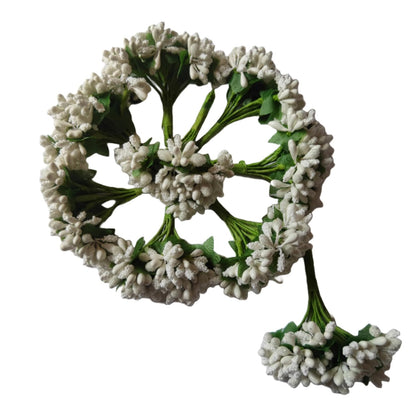 Rainbow Junction® Artificial White Pollen Flower for DIY Craft, Jewellery Making, Hair Accessories, Home Decoration (White,12 Bunch of 12 Pollen Each)