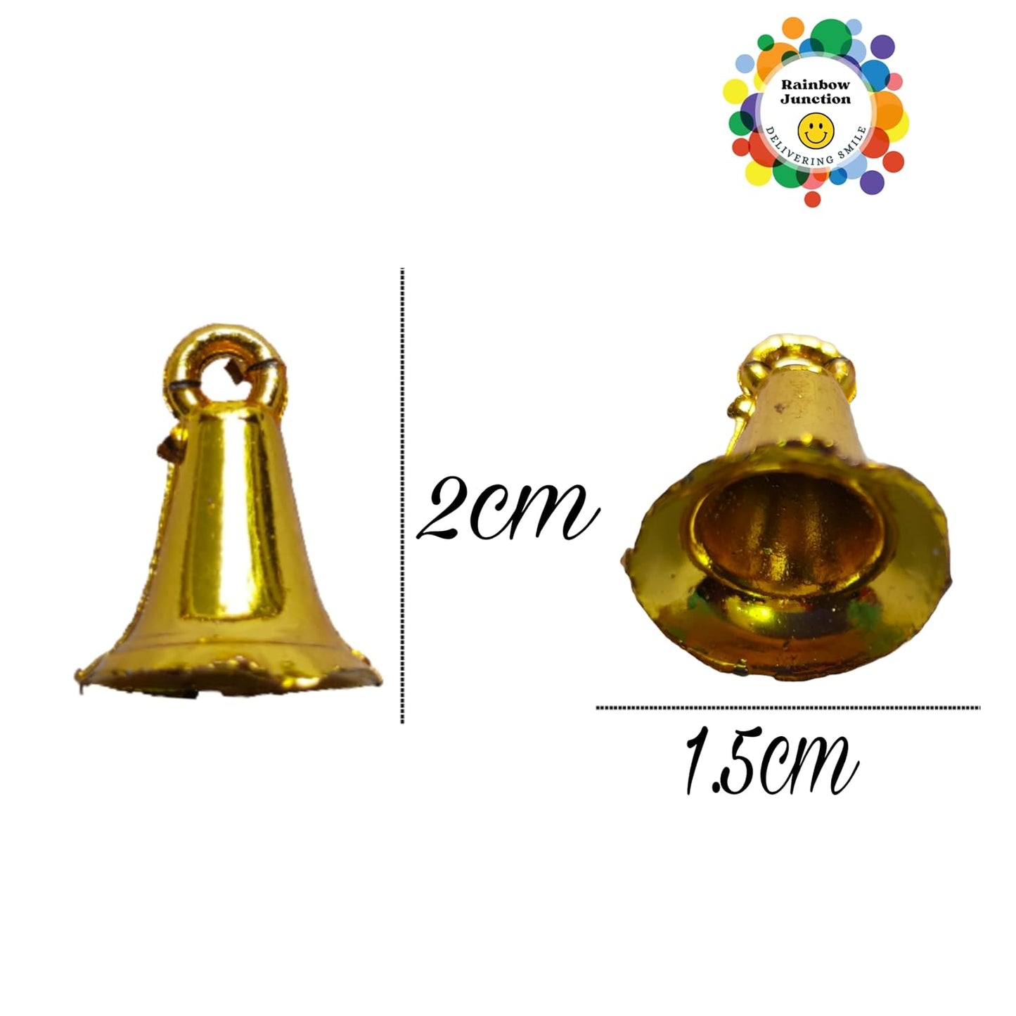 Rainbow Junction® 50pcs Plastic Bell for DIY, Art, Craft, Home Décor, Festive Décor, Christmas Tree Decoration or Other Craft Work (Golden)