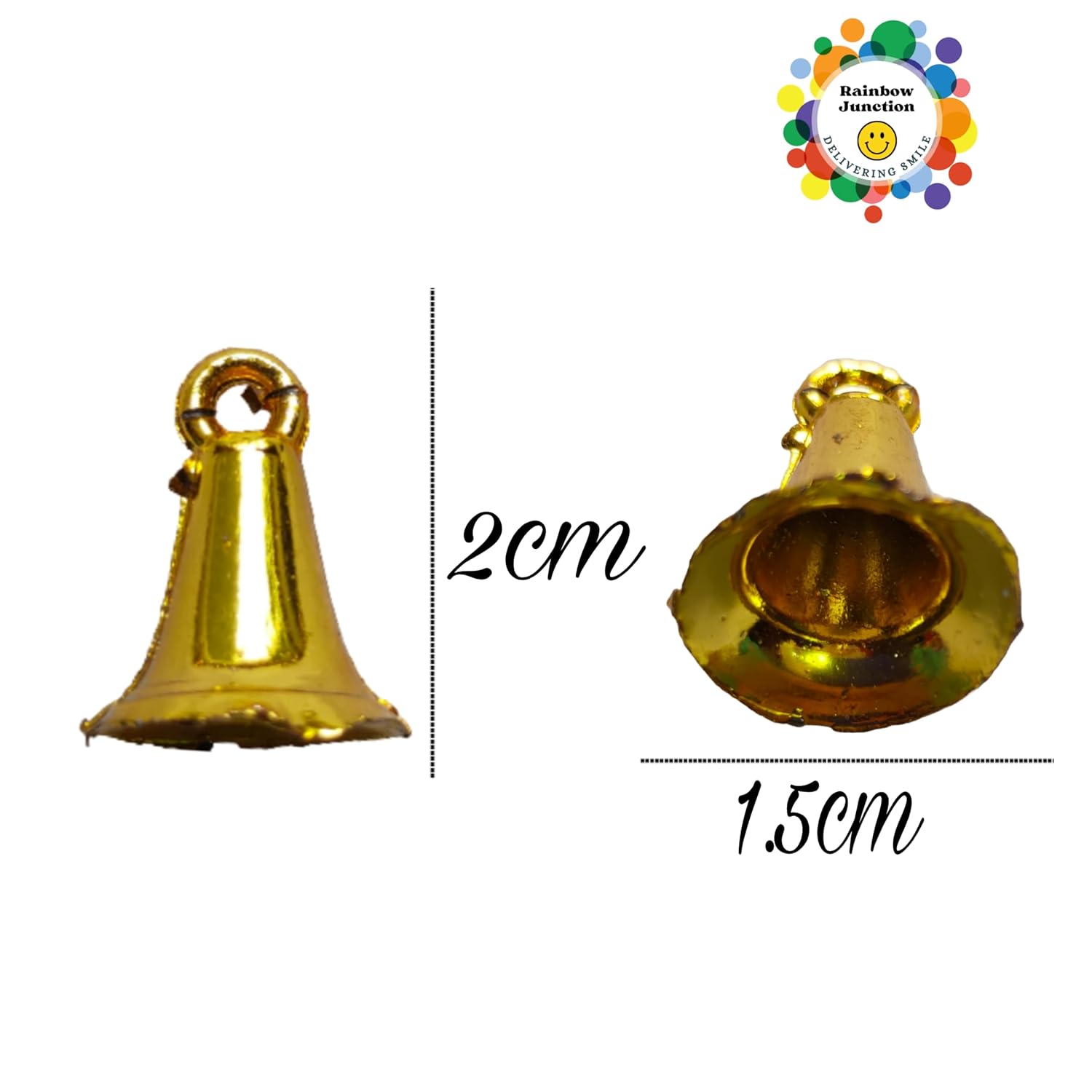 Rainbow Junction® 50pcs Plastic Bell for DIY, Art, Craft, Home Décor, Festive Décor, Christmas Tree Decoration or Other Craft Work (Golden)