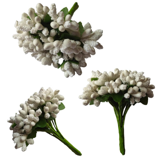 Rainbow Junction® Artificial White Pollen Flower for DIY Craft, Jewellery Making, Hair Accessories, Home Decoration (White,9 Bunch of 12 Pollen Each)