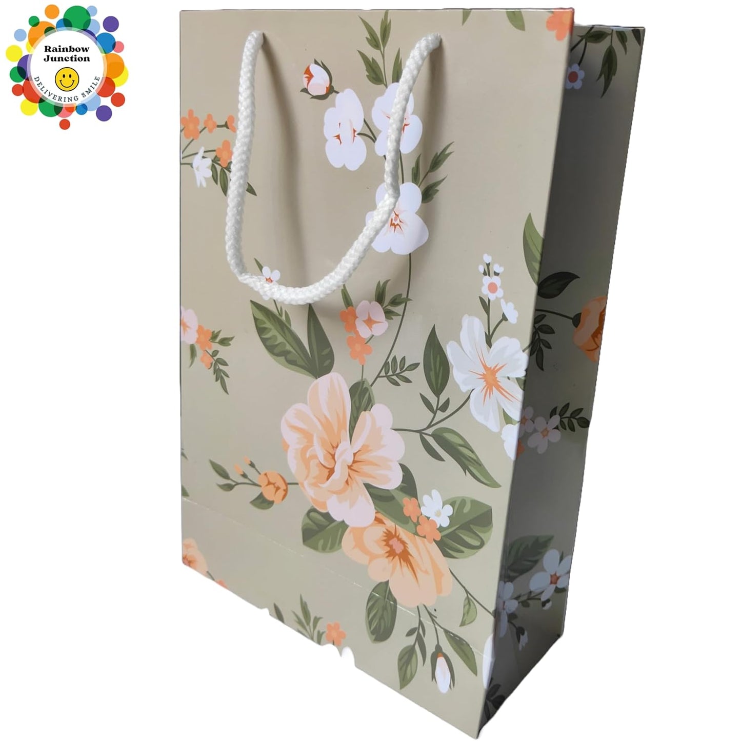 RAINBOW JUNCTION® 10pcs Paper Bags–Return Gift Bags with Handles For Weddings,Anniversarie, Birthday,Diwali,Navratri,Holiday Presents,Events,Baby Shower,Valentine’s Day (Floral Theme, 26.5x17.5x7.5cm)