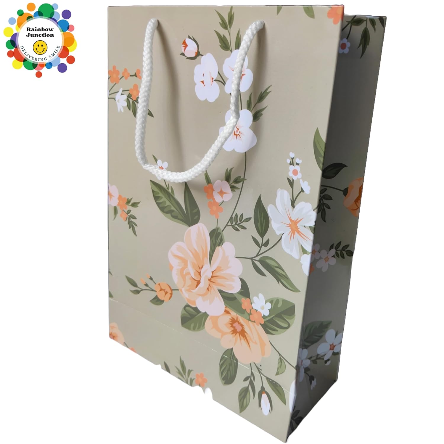 RAINBOW JUNCTION® 10pcs Paper Bags–Return Gift Bags with Handles For Weddings,Anniversarie, Birthday,Diwali,Navratri,Holiday Presents,Events,Baby Shower,Valentine’s Day (Floral Theme, 26.5x17.5x7.5cm)
