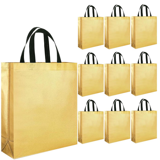 ABDROZ® Gift Bags Pack Of 10 | Medium Size : 12Lx4Wx13H Inch |Polyester Tote Bag, Shopping Bag with Handle Carry Bag for Wedding Return Gifts, Golden