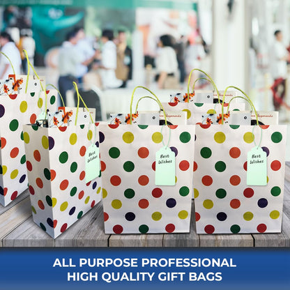ABDROZ® Polka Dots Paper Bags For Return Gifts With Gift Tags & Threads/Gift Bags For Corporate Events (12X8.7X3 Inches) | Party Favor Bags -(Pack Of 20)