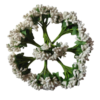 Rainbow Junction® Artificial White Pollen Flower for DIY Craft, Jewellery Making, Hair Accessories, Home Decoration (White,6 Bunch of 12 Pollen Each, 72pcs)