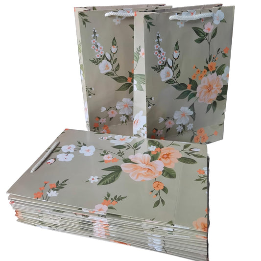 RAINBOW JUNCTION® 10pcs Paper Bags–Return Gift Bags with Handles For Weddings,Anniversarie, Birthday,Diwali,Navratri,Holiday Presents,Events,Baby Shower,Valentine’s Day (Floral Theme, 26.5x17.5x7.5cm)