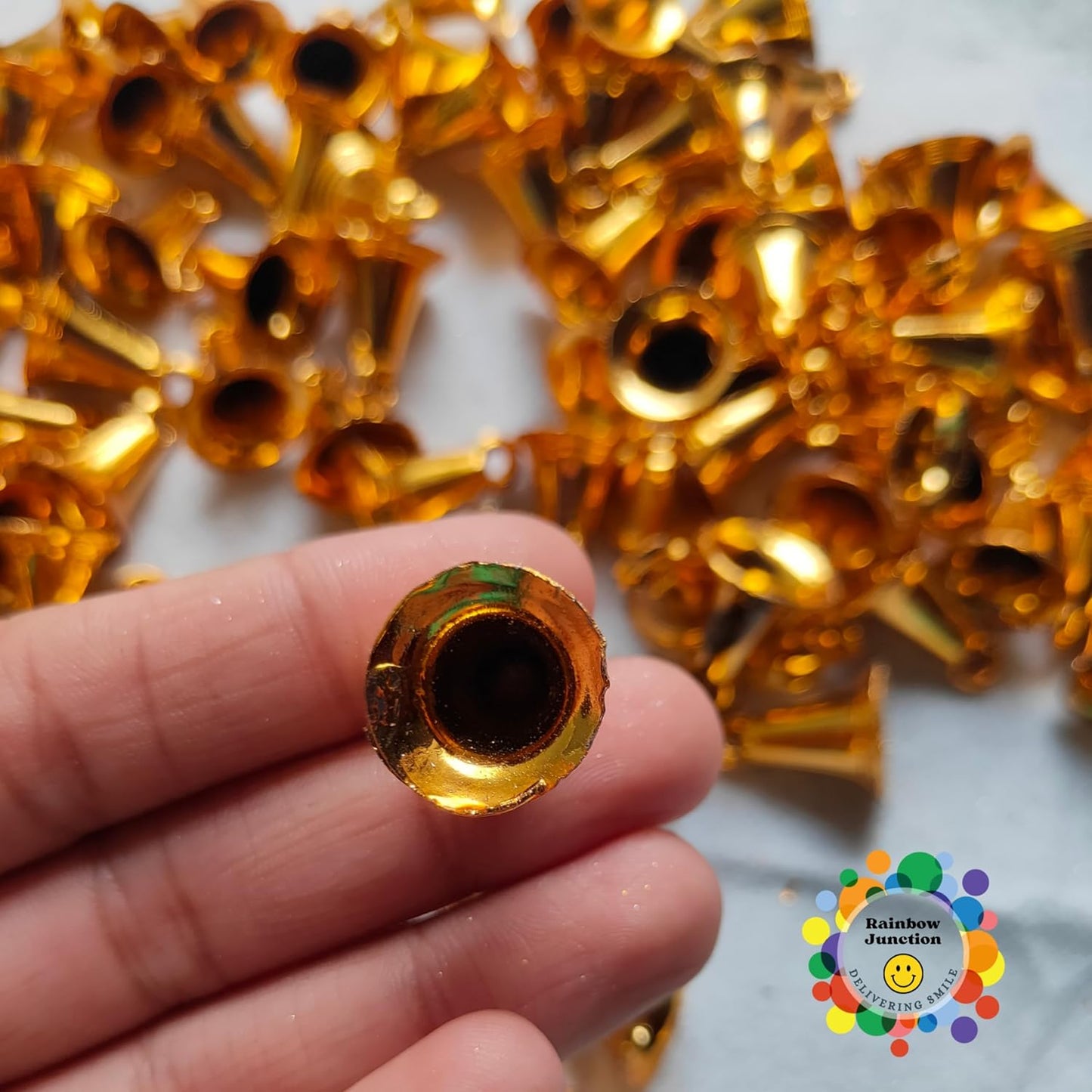 Rainbow Junction® 50pcs Plastic Bell for DIY, Art, Craft, Home Décor, Festive Décor, Christmas Tree Decoration or Other Craft Work (Golden)